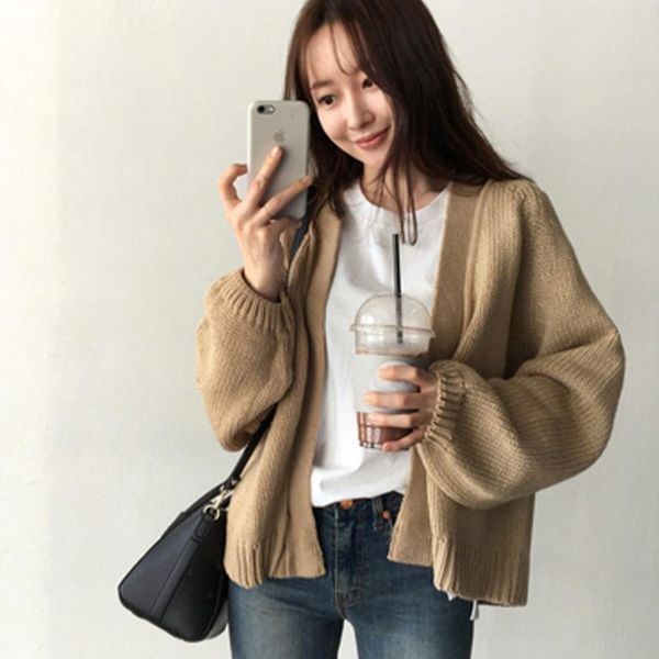 

women's hoodies & sweatshirts 2021 autumn and winter chic style lazy loose short sweater coat student female knitted cardigan top, Black