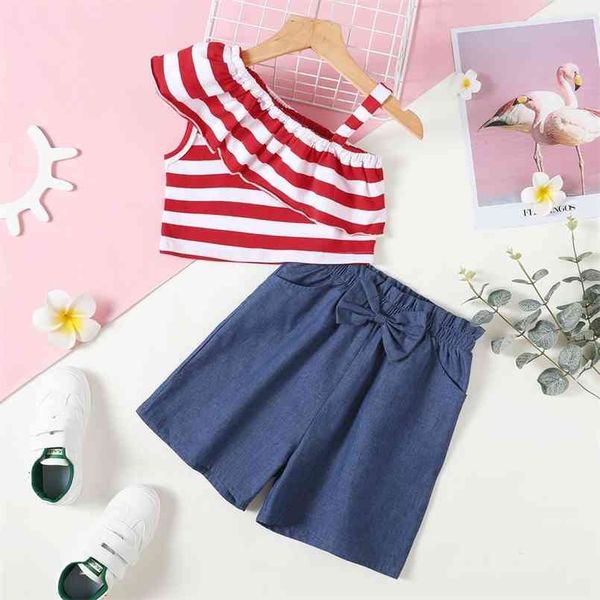 

beautiful kid girl 2-piece one shoulder stripe print shorts suits 210528, White
