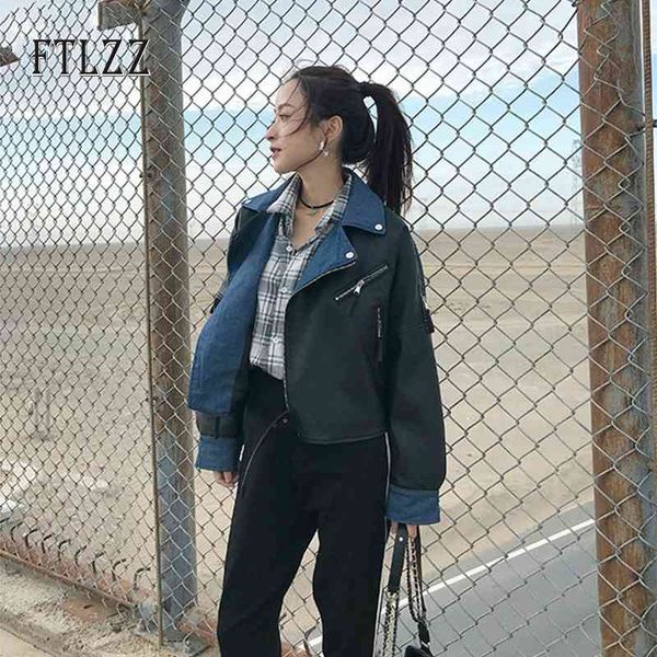 

women biker moto jacket spring auutmn loose turn down collar patchwork denim casual short faux leather coats pu outwear 210602, Black