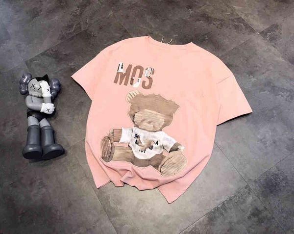 

2022 factory wholesale new mos moss short sleeve women's t-shirt bear patchwork embroidery loose fashion couple large summer leisure ba, White