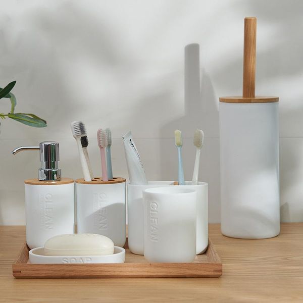 

bath accessory set simple household bathroom supply bamboo soap dish dispenser toothbrush holder 5pcs/set accessories