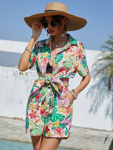 

plunging tank & tropical print blouse & shorts r0bq#, White