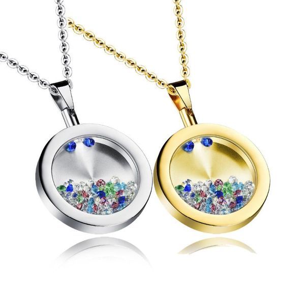 

stainless steel floating charms pendant necklace, mini mirror box crystal round case necklace necklaces, Silver