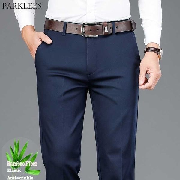 Bambusfaser Gerade Anzughose Männer Slim Fit Stretch Anzughose Herren Slim Fit Formal Business Pantalones Hombre Navy 210522