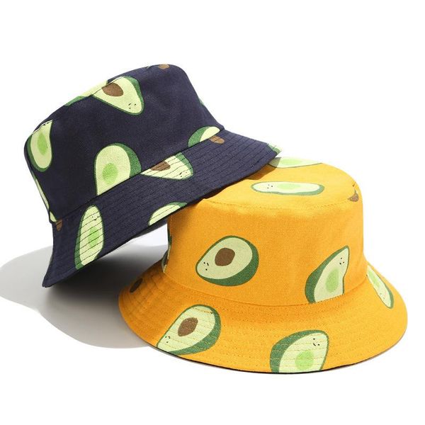 

fruit avocado pattern bucket hat women summer reversible panama fisherman fishing hats canvas foldable sunshade flat caps wide brim, Blue;gray