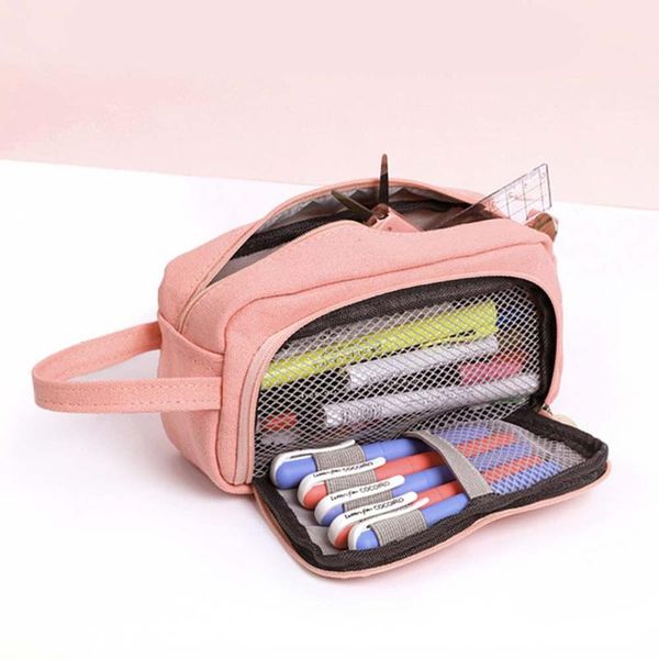 

large capacity pencil case kawaii pencilcase school pen supplies bag box pencils pouch stationery refills, Black;red