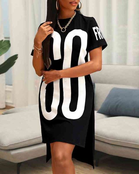 

dip hem t shirt womens dress cotton casual short sleeve summer women print basic loose dresses length style material, Black;gray
