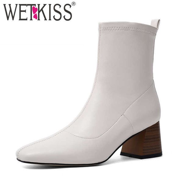 

wetkiss high heels wood boots women stretch pu ankle boot female square toe shoes ladies fashion office shoes winter 210630, Black