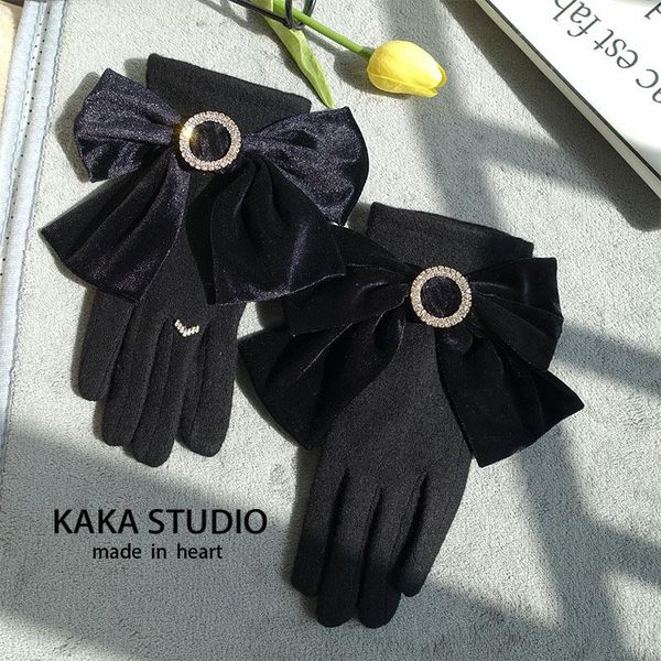 

five fingers gloves winter for women velvet bow button elegant wool mittens female rhinestone ladies wrist guantes de trabajo, Blue;gray