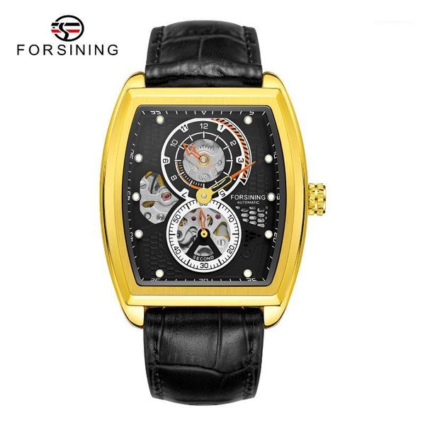 

forsining fashion classic black dial waterproof sport automatic mechanical watch skeleton rectangle military men wristwatch wristwatches, Slivery;brown