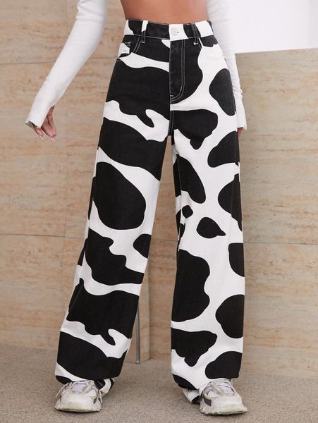

high waisted cow print jeans s7oz#, Blue