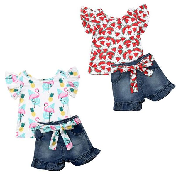 

baby & children'sv 1-6years kids girls floral t-shirt denim pants shorts outfits clothes clothing sets, White