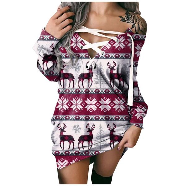 

casual dresses women's dress fashion comfortable christmas prints off-shoulder strappy long sleeves sweater vestido de mujer, Black;gray
