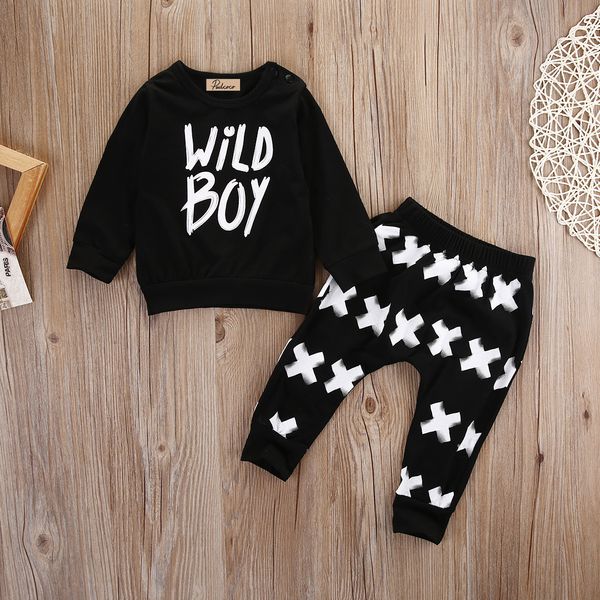 

long sleeve wild boy print sweatshirt and pant 2pcs set for baby boy clothes, White