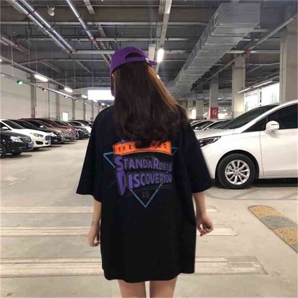Kore Ulzzang Chic Grafik Baskılı Eski Okul Tarzı Büyük Boy Tüm Maç Kadın Tee Tops Kız T-Shirt 210623