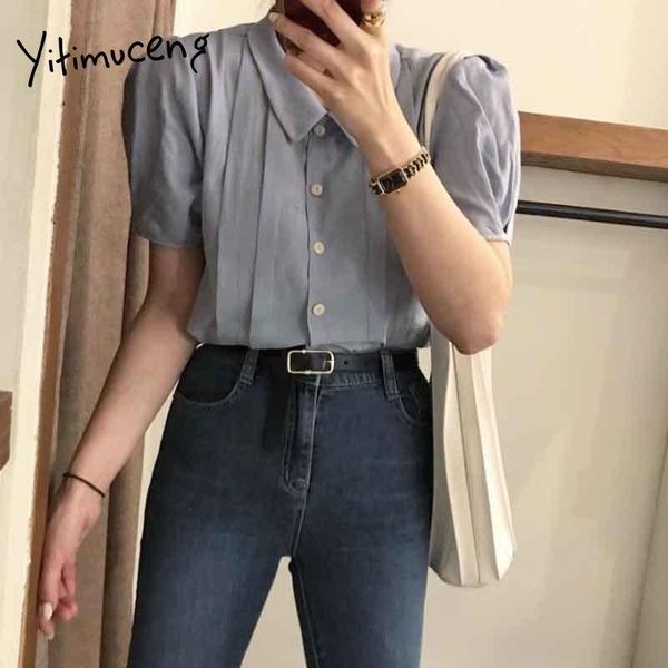 

women's blouses & shirts yitimuceng ruched button up shirt women office lady korean fashion blouse blue short puff sleeve straight 202, White