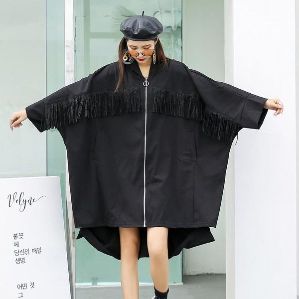 

women's trench coats temperament large size outer wear mid-length windbreaker women loose waistcoat jacket cardigan fringed, Tan;black