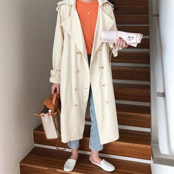 

korean double-breasted trench coat women spring autumn long sleeve turn down collar coats ladies fashion khaki windbreaker 210525, Tan;black