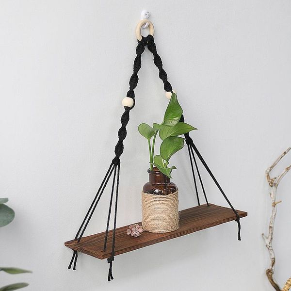

other home decor wooden wall shelf cotton rope swing plant flower pot hanging stand storage rack decoration