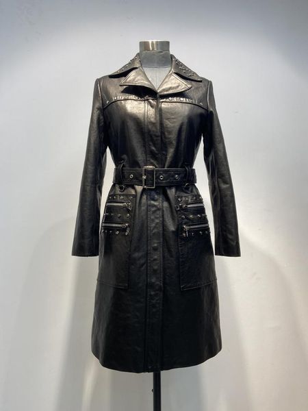 

women's leather & faux women coat natural 100% sheepskin winter fashion genuine long windcoat female outwear belt decoration h71, Black