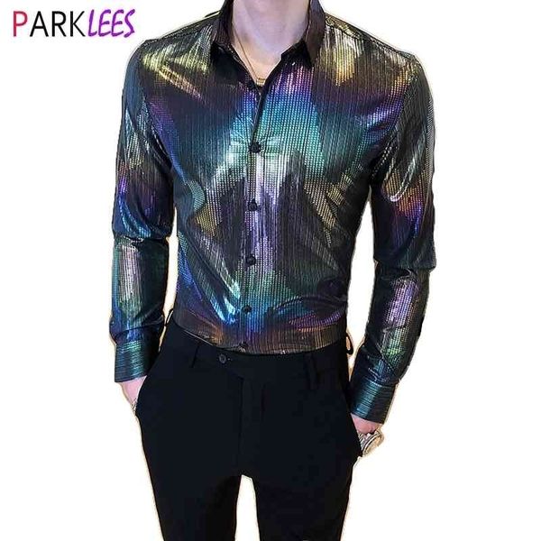 Regenbogen Metallic Glitter Shirt Männer Club Halloween Party Kostüm Shirt Chemise Homme Bühne Performance Shirt für Männer 210522