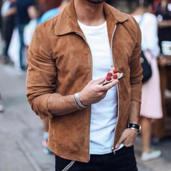 

men's wool & blends autumn fashion suede coats for men solid turn-down collar zipper 2021 winter casual long sleeve slim jackets, Black