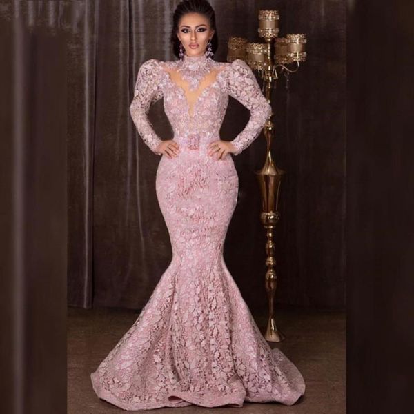 

high neck long sleeves lace mermaid evening dresses appliqued sweep train formal prom party gowns plus size, Black;red