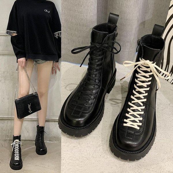 

women boots plush versatile short bare middle heel square head two color laces personalized, Black