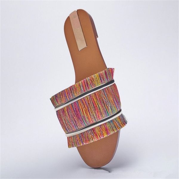 

shoes women slippers summer pantofle fringe slides rivet low rubber flip flops multicolored sandals soft flat hawaiian cas 211206, Black