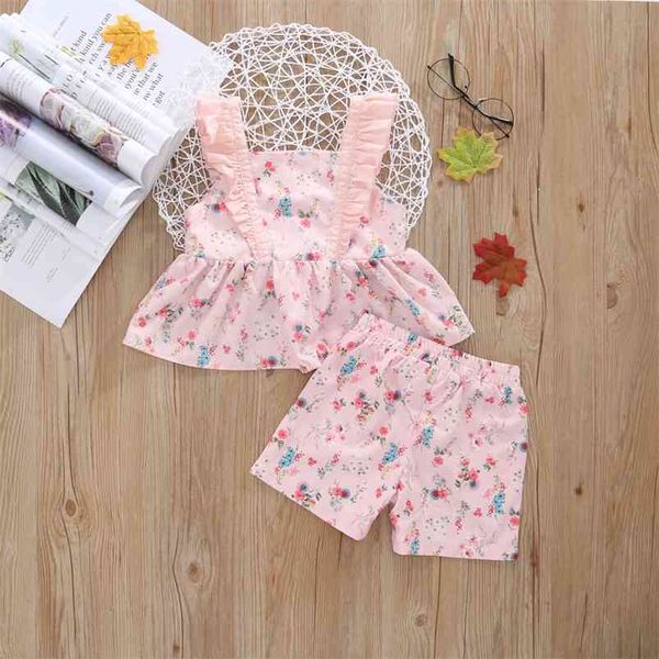 Sommer Kinder Sets Casual Fly Sleeve Print Blumen Kleider Rosa Tasche Shorts Nette 2 stücke Mädchen Kleidung 2-7T 210629