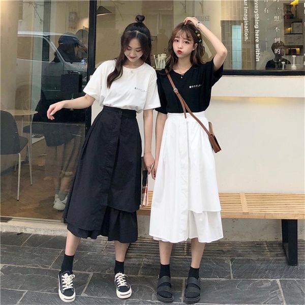 

skirts japanese womens solid skirt loose mid-length irregular casual women empire sweet kawaii, Black