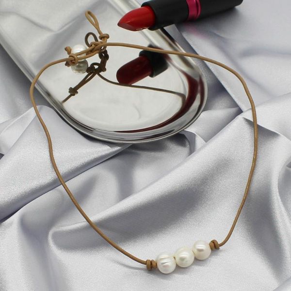 

natural freshwater pearl leather choker necklaces women vintage 2021 style handmade pendant necklace fashion jewelry collar chokers, Golden;silver