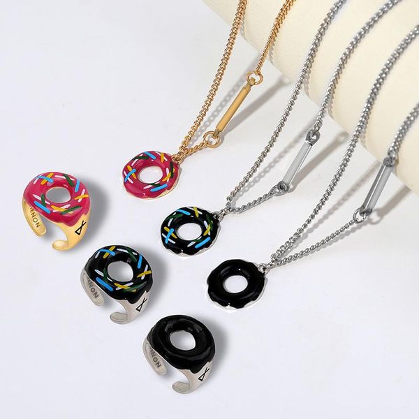 

zb001 fashion creative doughnut design style necklace ring set for girl women lady with gutta percha pendant necklace, Silver