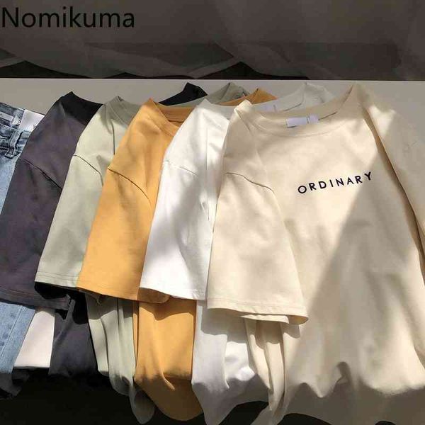 

nomikuma letter printed t shirts summer o neck short sleeve simple tshirts women casual daily all-match tee camisetas 210514, White