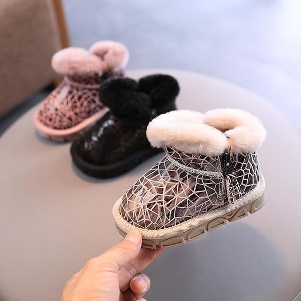 

winter children' snow boots baby girls warm thickened shoes 1-3 years old side zipper cotton-padded shoe, Black;grey