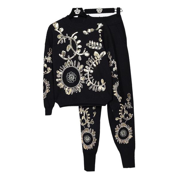 

women's two piece pants 2 set women embroidery knitted sets sweater+ trousers, White