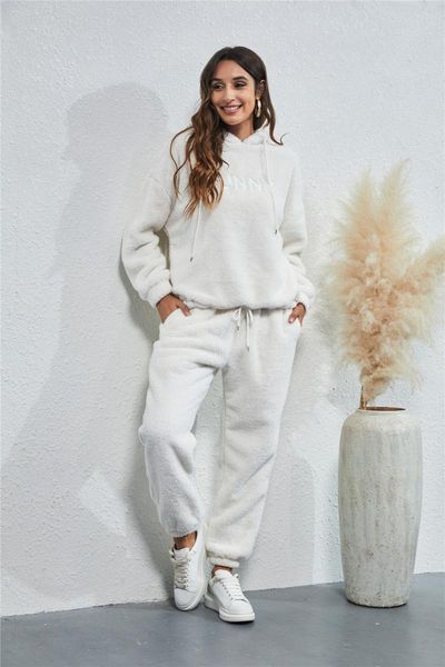 

women's two piece pants women plush letter print hoodie set long sleeve embroidery letters hooded sweatshirt with, White