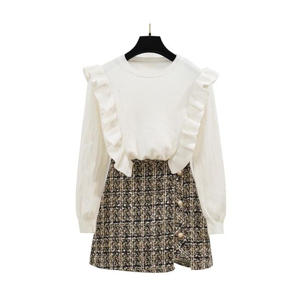 

two piece dress winter knit sweater nail bead grid cloth skirt two-piece outfit women pullover vestido suit korean fashion, White