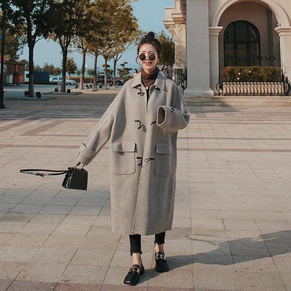 

winter long plaid woolen coat casual fashion korean horn button jacket thick warm high-quality wool blended women clothes women's & ble, Black