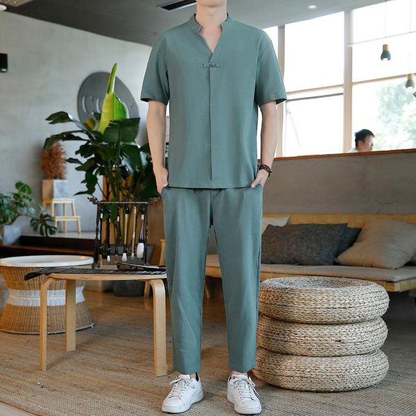 

men's tracksuits kolmakov 2021 cotton and linen men set short-sleeved+trousers solid casual two-piece tracksuit 4 color -5xl 904-2002, Gray