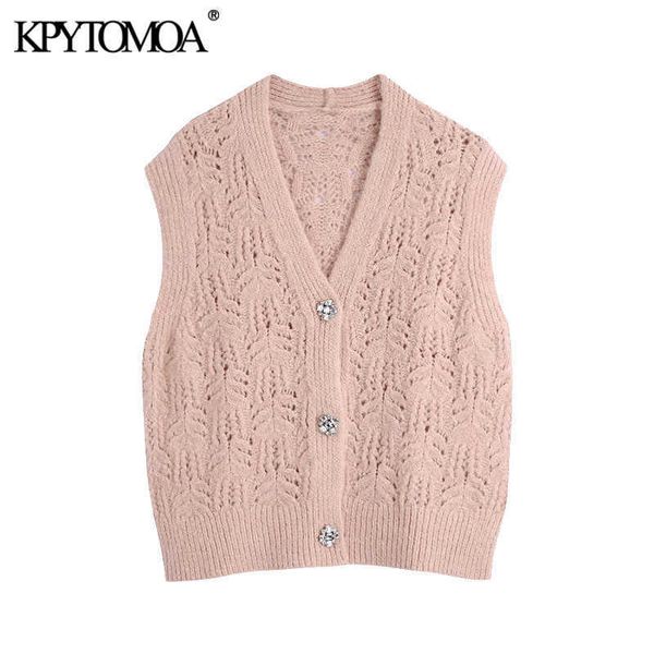 

kpytomoa women sweet fashion with bejewelled buttons knitted vest sweater vintage sleeveless female waistcoat chic 211008, Black;white