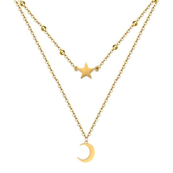 

pendant necklaces double layer stainless steel moon star necklace for women girls choker jewelry mother's day gift, Silver