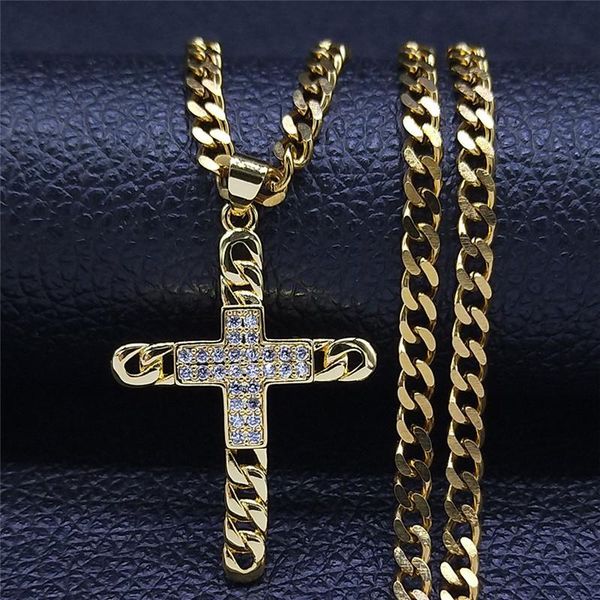 

pendant necklaces punk cross copper crystal stainless steel chain necklace women gold color choker jewelry collier femme npw10s05, Silver