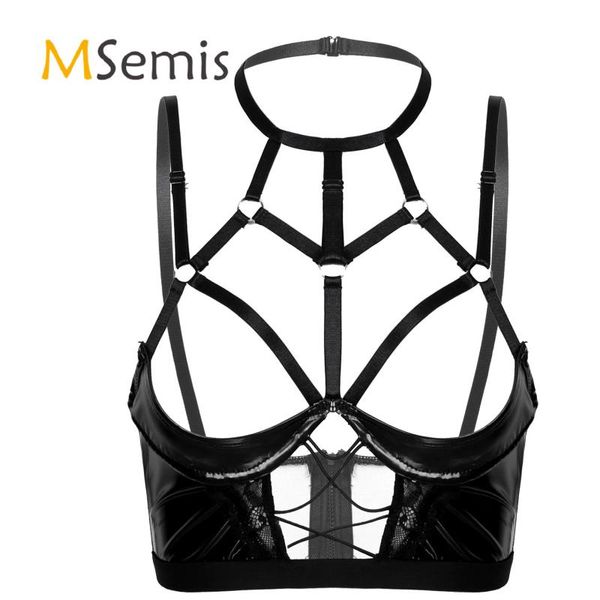 Sexy womens lingerie coupless sutiã top para sexo halter pescoço oco out estraphy patente zíper de couro sem arruma underwire copo aberto sutiãs