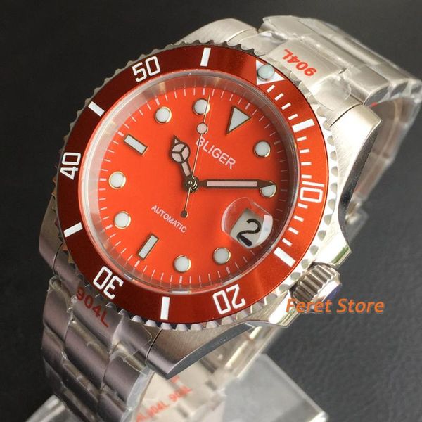 

wristwatches bliger 40mm 2021 orange nh35 automatic movement watch sapphire glass date stainless steel strap fashion, Slivery;brown