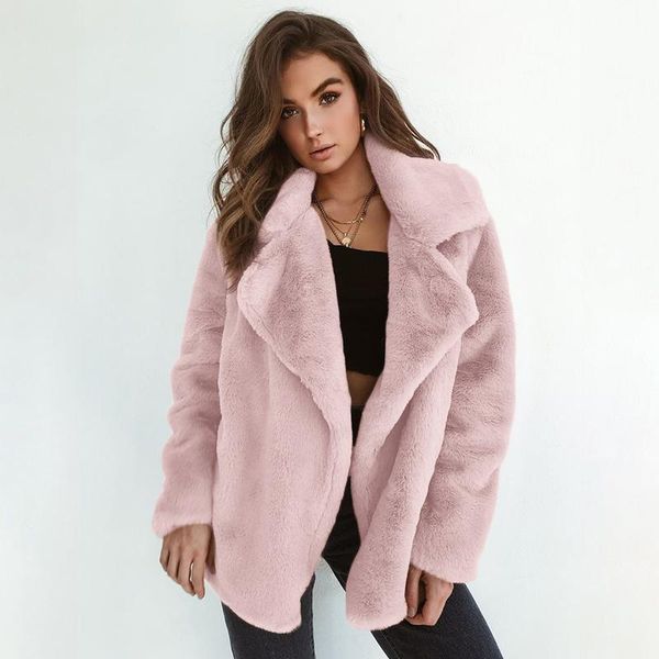 

women's fur & faux khaki warm oversized velvet coats women 2021 fashion high street plus size overcoat long sleeve turndown collar coat, Black