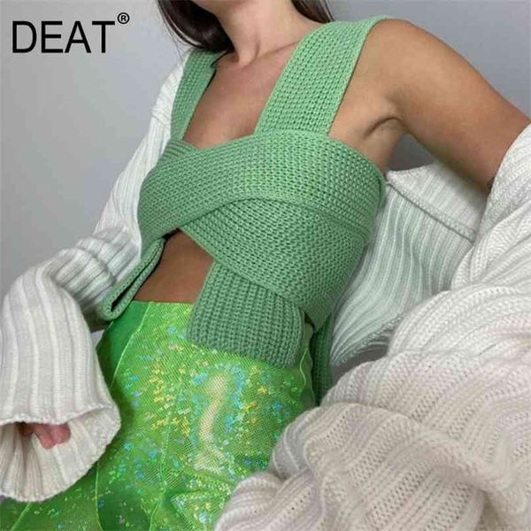 

[deat] irregular collar solid wool sleeveless bandage with belt women style mall gothe y2k clothes summer gx428 210720, White