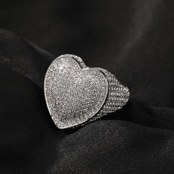 

hip hop rapper rings men fashion big heart ring male hiphop silver gold bling 3a cubic zircon men's finger ring ice out jewelry, Golden;silver