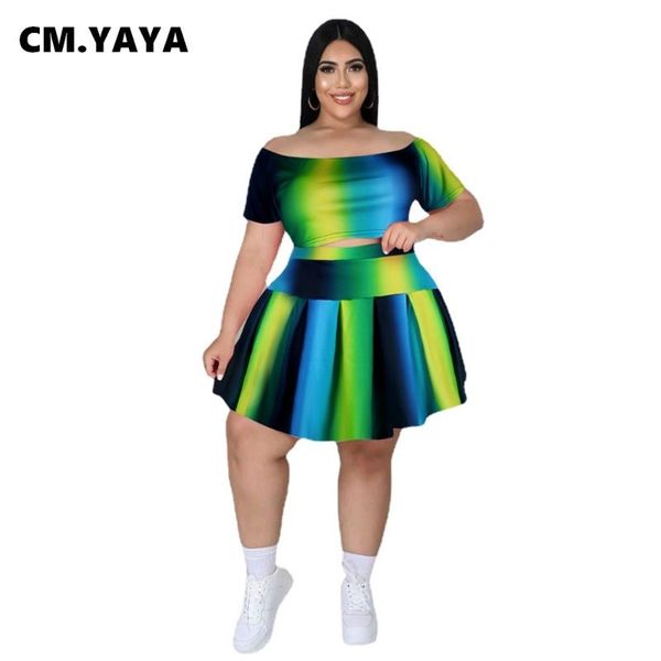 

plus size tracksuits cm.yaya women set print short sleeve o-neck crop pleated skirts two 2 piece sets fashion outfits summer
