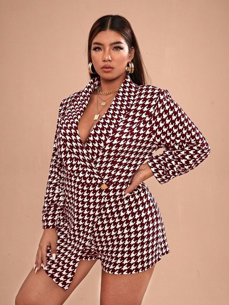 

plus shawl neck houndstooth print shirt romper f5pb#, Black